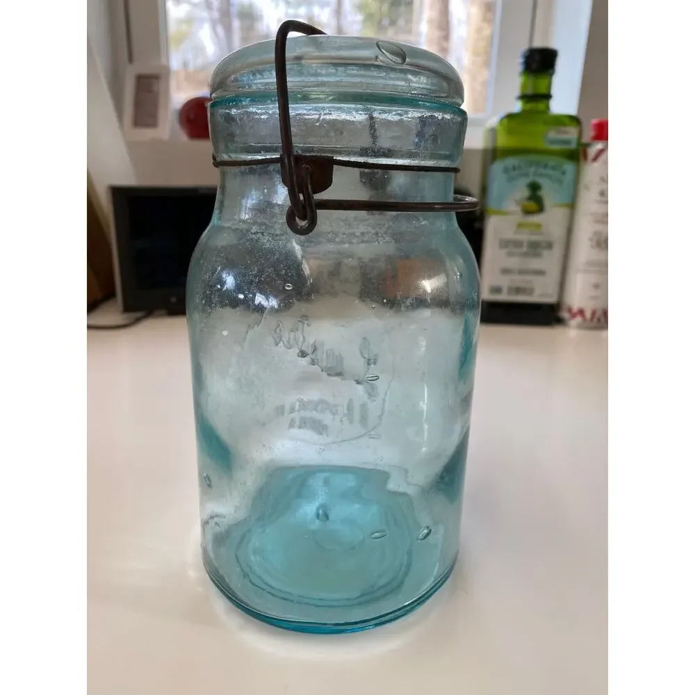 Lustre R.E. Tongue & Bros.‎ Philaelphia Blue 1 Qt. Wire Bail Canning Jar w Lid